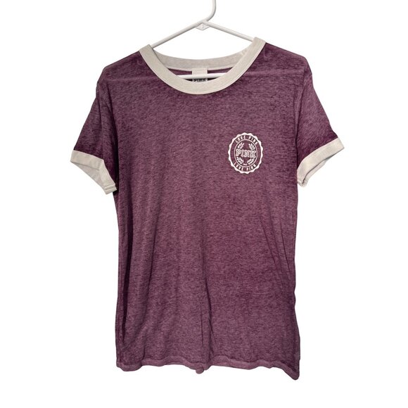PINK Victorias Secret Crewneck Short Sleeve Ringer T Shirt Womens M Burnout Tee - Picture 1 of 9